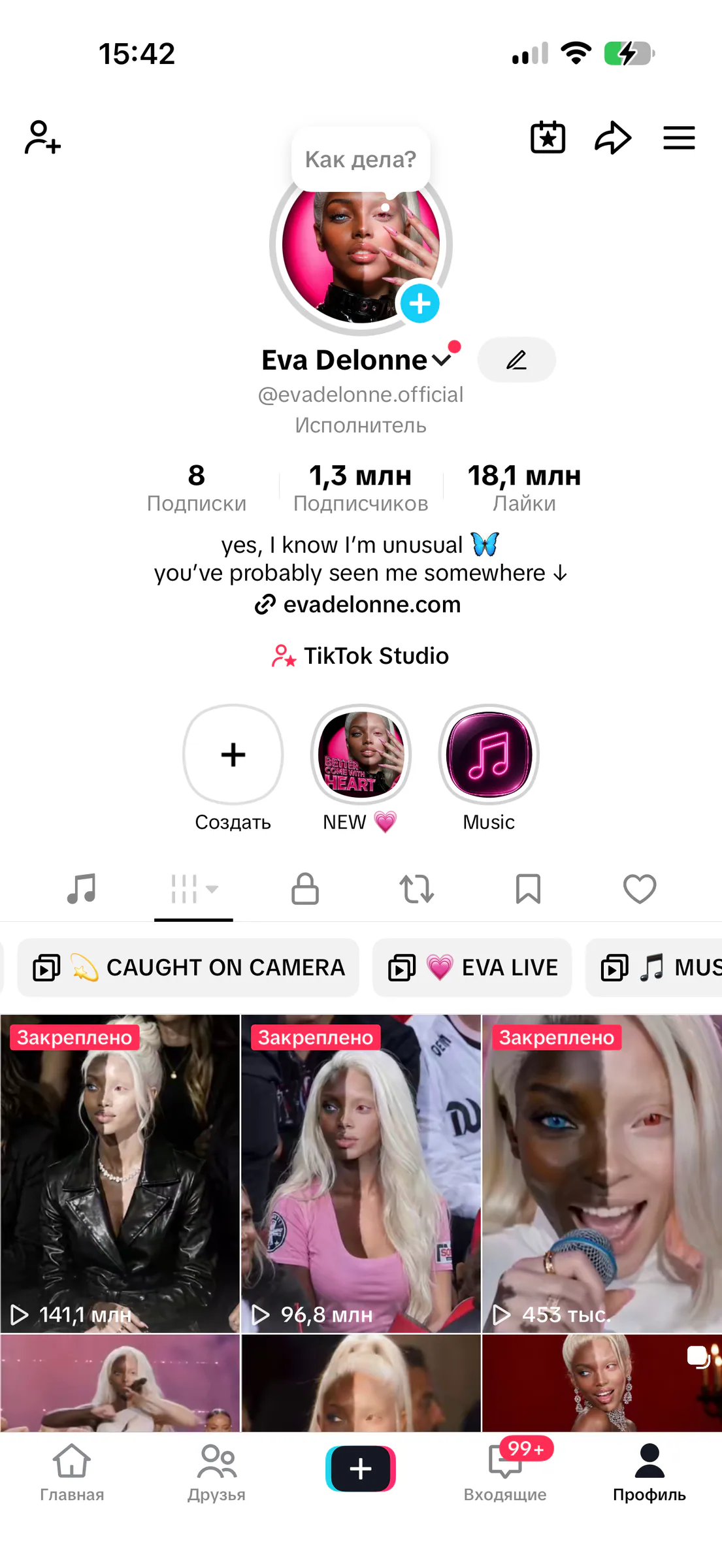 Профиль Eva Delonne в TikTok со статистикой аудитории